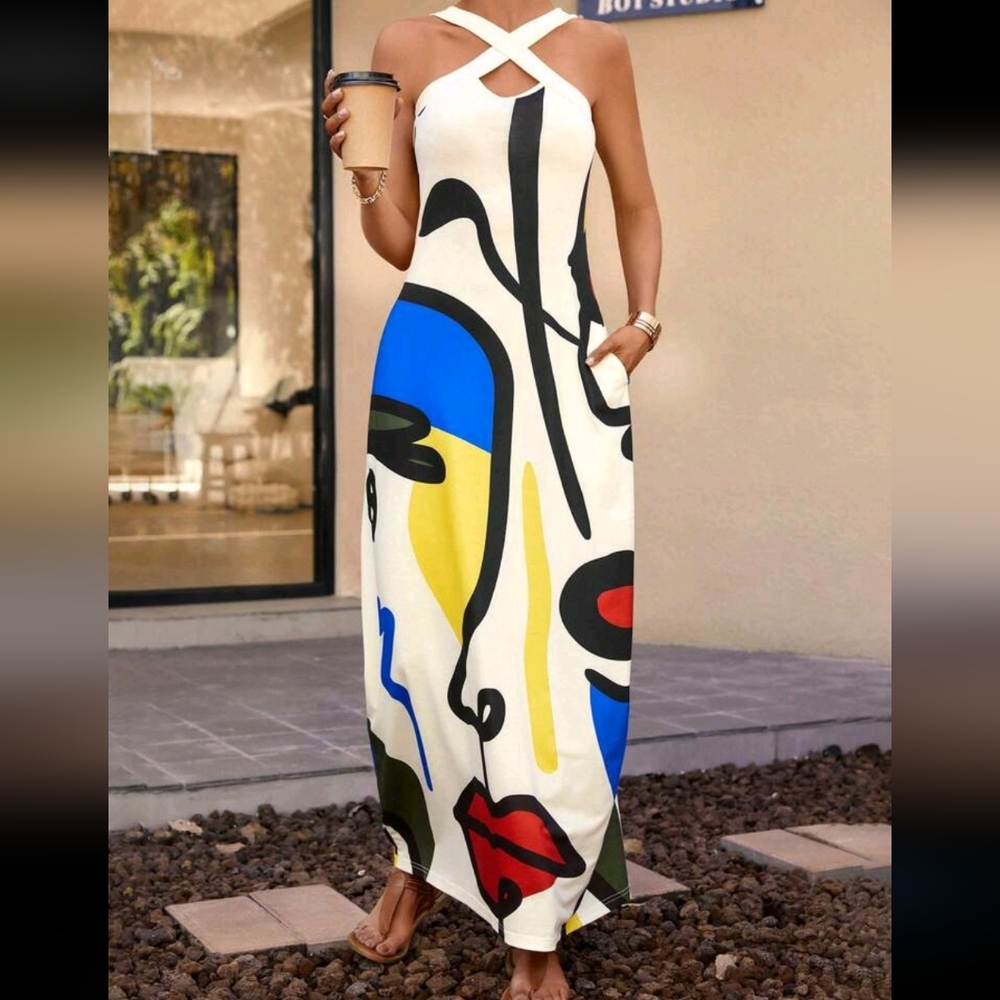 Abstract Pop Art Crisscross Front Dress Maxi Pocket Dress